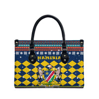 Namibia Christmas Leather Bag with Blue-Yellow Diamond Pattern, Coat of Arms, and Flag Map Motif - Wonder Print Shop