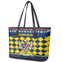 Namibia Christmas Leather Tote Bag with Blue-Yellow Diamond Pattern, Coat of Arms, and Flag Map Motif - Wonder Print Shop