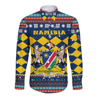 Namibia Christmas Long Sleeve Button Shirt with Blue-Yellow Diamond Pattern, Coat of Arms, and Flag Map Motif - Wonder Print Shop