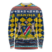 Namibia Christmas Long Sleeve Shirt with Blue-Yellow Diamond Pattern, Coat of Arms, and Flag Map Motif - Wonder Print Shop