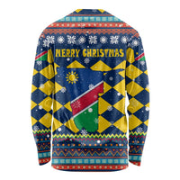 Namibia Christmas Long Sleeve Shirt with Blue-Yellow Diamond Pattern, Coat of Arms, and Flag Map Motif - Wonder Print Shop