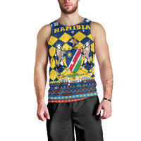 Namibia Christmas Men Tank Top with Blue-Yellow Diamond Pattern, Coat of Arms, and Flag Map Motif - Wonder Print Shop