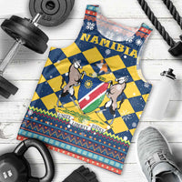 Namibia Christmas Men Tank Top with Blue-Yellow Diamond Pattern, Coat of Arms, and Flag Map Motif - Wonder Print Shop