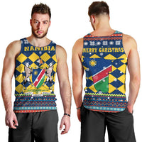 Namibia Christmas Men Tank Top with Blue-Yellow Diamond Pattern, Coat of Arms, and Flag Map Motif - Wonder Print Shop