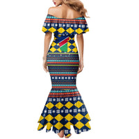 Namibia Christmas Mermaid Dress with Blue-Yellow Diamond Pattern, Coat of Arms, and Flag Map Motif - Wonder Print Shop