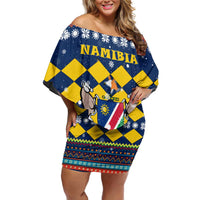 Namibia Christmas Off Shoulder Short Dress with Blue-Yellow Diamond Pattern, Coat of Arms, and Flag Map Motif - Wonder Print Shop