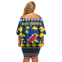 Namibia Christmas Off Shoulder Short Dress with Blue-Yellow Diamond Pattern, Coat of Arms, and Flag Map Motif - Wonder Print Shop