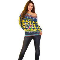 Namibia Christmas Off Shoulder Sweater with Blue-Yellow Diamond Pattern, Coat of Arms, and Flag Map Motif - Wonder Print Shop