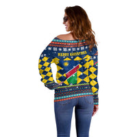Namibia Christmas Off Shoulder Sweater with Blue-Yellow Diamond Pattern, Coat of Arms, and Flag Map Motif - Wonder Print Shop