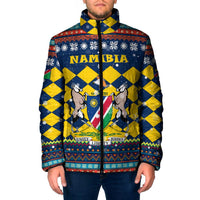 Namibia Christmas Padded Jacket with Blue-Yellow Diamond Pattern, Coat of Arms, and Flag Map Motif - Wonder Print Shop