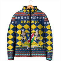 Namibia Christmas Padded Jacket with Blue-Yellow Diamond Pattern, Coat of Arms, and Flag Map Motif - Wonder Print Shop