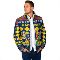 Namibia Christmas Padded Jacket with Blue-Yellow Diamond Pattern, Coat of Arms, and Flag Map Motif - Wonder Print Shop