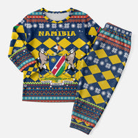 Namibia Christmas Pajama Set with Blue-Yellow Diamond Pattern, Coat of Arms, and Flag Map Motif - Wonder Print Shop