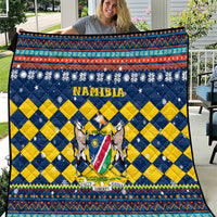 Namibia Christmas Quilt with Blue-Yellow Diamond Pattern, Coat of Arms, and Flag Map Motif - Wonder Print Shop