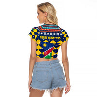 Namibia Christmas Raglan Cropped T Shirt with Blue-Yellow Diamond Pattern, Coat of Arms, and Flag Map Motif - Wonder Print Shop