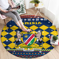 Namibia Christmas Round Carpet with Blue-Yellow Diamond Pattern, Coat of Arms, and Flag Map Motif - Wonder Print Shop