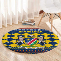 Namibia Christmas Round Carpet with Blue-Yellow Diamond Pattern, Coat of Arms, and Flag Map Motif - Wonder Print Shop