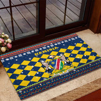 Namibia Christmas Rubber Doormat with Blue-Yellow Diamond Pattern, Coat of Arms, and Flag Map Motif - Wonder Print Shop