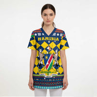 Namibia Christmas Scrub Top with Blue-Yellow Diamond Pattern, Coat of Arms, and Flag Map Motif - Wonder Print Shop