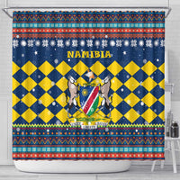 Namibia Christmas Shower Curtain with Blue-Yellow Diamond Pattern, Coat of Arms, and Flag Map Motif - Wonder Print Shop