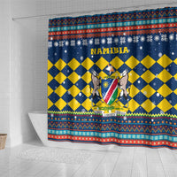Namibia Christmas Shower Curtain with Blue-Yellow Diamond Pattern, Coat of Arms, and Flag Map Motif - Wonder Print Shop