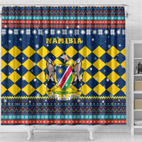 Namibia Christmas Shower Curtain with Blue-Yellow Diamond Pattern, Coat of Arms, and Flag Map Motif - Wonder Print Shop