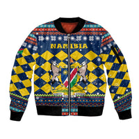 Namibia Christmas Sleeve Zip Bomber Jacket with Blue-Yellow Diamond Pattern, Coat of Arms, and Flag Map Motif - Wonder Print Shop