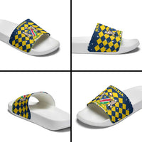Namibia Christmas Slide Sandals with Blue-Yellow Diamond Pattern, Coat of Arms, and Flag Map Motif - Wonder Print Shop
