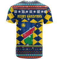 Namibia Christmas T Shirt with Blue-Yellow Diamond Pattern, Coat of Arms, and Flag Map Motif - Wonder Print Shop