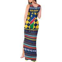 Namibia Christmas Tank Maxi Dress with Blue-Yellow Diamond Pattern, Coat of Arms, and Flag Map Motif - Wonder Print Shop