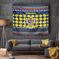 Namibia Christmas Tapestry with Blue-Yellow Diamond Pattern, Coat of Arms, and Flag Map Motif - Wonder Print Shop
