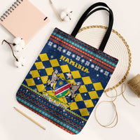Namibia Christmas Tote Bag with Blue-Yellow Diamond Pattern, Coat of Arms, and Flag Map Motif - Wonder Print Shop