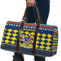 Namibia Christmas Travel Bag with Blue-Yellow Diamond Pattern, Coat of Arms, and Flag Map Motif - Wonder Print Shop