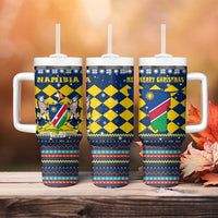 Namibia Christmas Tumbler With Handle with Blue-Yellow Diamond Pattern, Coat of Arms, and Flag Map Motif - Wonder Print Shop