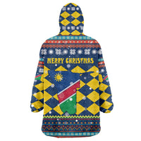 Namibia Christmas Wearable Blanket Hoodie with Blue-Yellow Diamond Pattern, Coat of Arms, and Flag Map Motif - Wonder Print Shop
