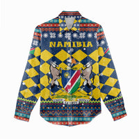 Namibia Christmas Women Casual Shirt with Blue-Yellow Diamond Pattern, Coat of Arms, and Flag Map Motif - Wonder Print Shop