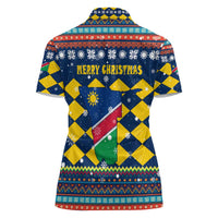 Namibia Christmas Women Polo Shirt with Blue-Yellow Diamond Pattern, Coat of Arms, and Flag Map Motif - Wonder Print Shop