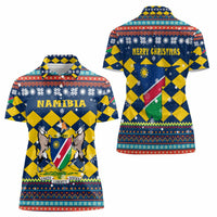 Namibia Christmas Women Polo Shirt with Blue-Yellow Diamond Pattern, Coat of Arms, and Flag Map Motif - Wonder Print Shop