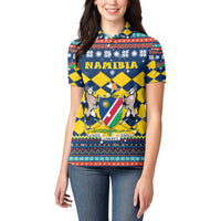 Namibia Christmas Women Polo Shirt with Blue-Yellow Diamond Pattern, Coat of Arms, and Flag Map Motif - Wonder Print Shop