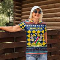 Namibia Christmas Women Polo Shirt with Blue-Yellow Diamond Pattern, Coat of Arms, and Flag Map Motif - Wonder Print Shop