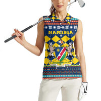 Namibia Christmas Women Sleeveless Polo Shirt with Blue-Yellow Diamond Pattern, Coat of Arms, and Flag Map Motif - Wonder Print Shop
