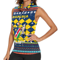 Namibia Christmas Women Sleeveless Polo Shirt with Blue-Yellow Diamond Pattern, Coat of Arms, and Flag Map Motif - Wonder Print Shop