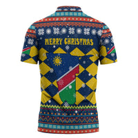 Namibia Christmas Zipper Polo Shirt with Blue-Yellow Diamond Pattern, Coat of Arms, and Flag Map Motif - Wonder Print Shop