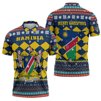 Namibia Christmas Zipper Polo Shirt with Blue-Yellow Diamond Pattern, Coat of Arms, and Flag Map Motif - Wonder Print Shop