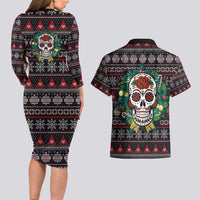 Skull Christmas Couples Matching Long Sleeve Bodycon Dress and Hawaiian Shirt Xmas Holiday Patterns - Wonder Print Shop