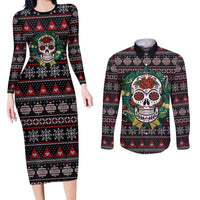 Skull Christmas Couples Matching Long Sleeve Bodycon Dress and Long Sleeve Button Shirt Xmas Holiday Patterns - Wonder Print Shop