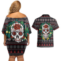 Skull Christmas Couples Matching Off Shoulder Short Dress and Hawaiian Shirt Xmas Holiday Patterns - Wonder Print Shop