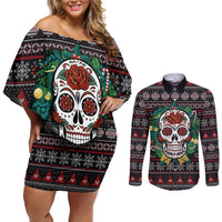 Skull Christmas Couples Matching Off Shoulder Short Dress and Long Sleeve Button Shirt Xmas Holiday Patterns - Wonder Print Shop
