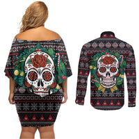 Skull Christmas Couples Matching Off Shoulder Short Dress and Long Sleeve Button Shirt Xmas Holiday Patterns - Wonder Print Shop