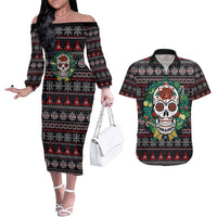Skull Christmas Couples Matching Off The Shoulder Long Sleeve Dress and Hawaiian Shirt Xmas Holiday Patterns - Wonder Print Shop